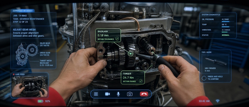 Team in ambiente industriale: operatore con smart glasses e collega al macchinario, collaborazione sul campo